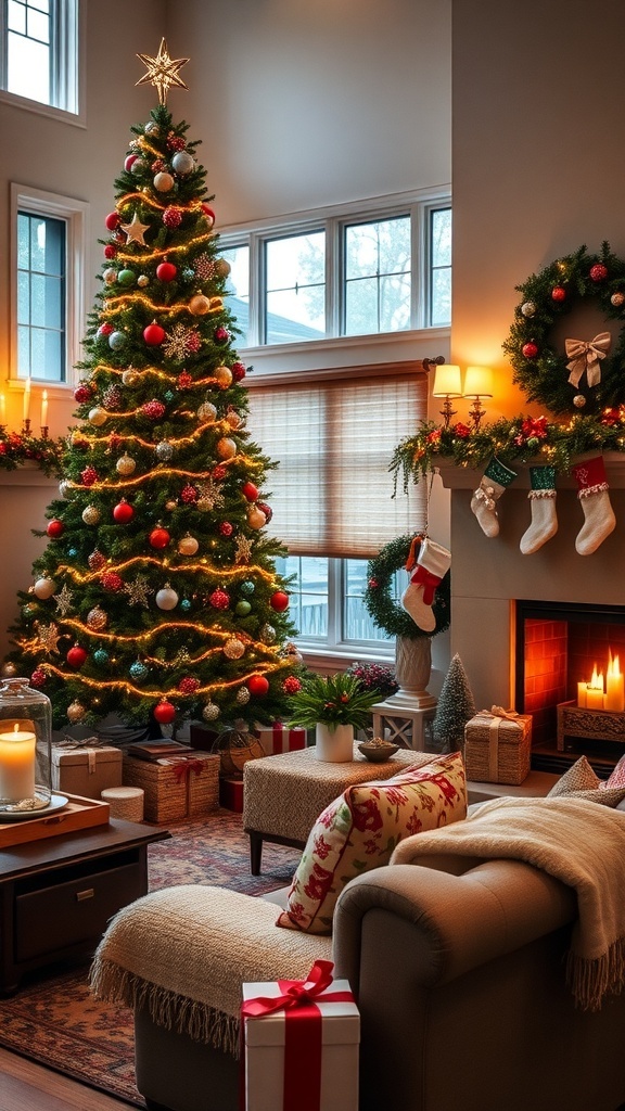 Festive Christmas Home Decoration Ideas A cozy living room decorated for Christmas with a tree, candles, stockings, and festive decor.